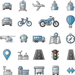Collection of colorful transportation icons flat design on white background, diverse vehicles for travel and logistics illustration, vector graphics