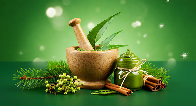 Ayurvedic mortar pestle herbs and natural products on a green background