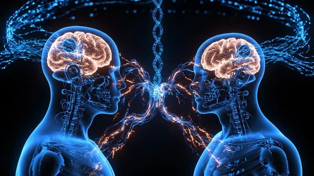 human figure with brain and skull rendered in blue. neuron pattern and connection strands link two forms. communication network illustrates anatomy, technology, research and medicine. research tool.