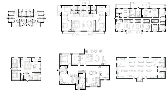 Set of six various architectural floor plans for housing