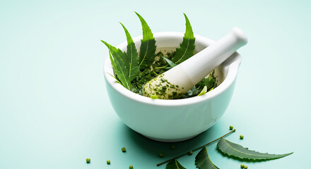 Natural Neem Leaves in Mortar with Pestle for Herbal Medicine