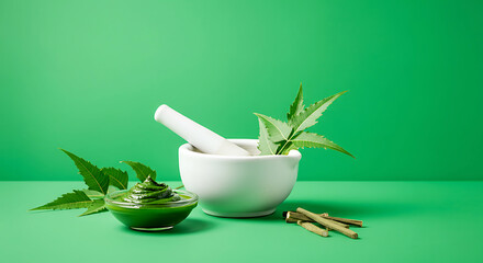 Neem leaves and paste composition for Ayurvedic medicine preparation backdrop