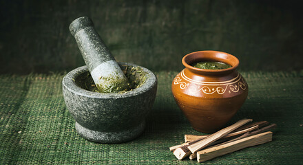 Preparing Traditional Medicine with Mortar and Pestle for Natural Wellness