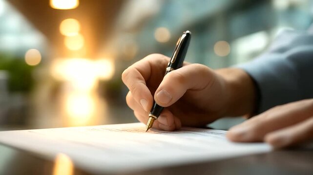Faceless macro of a pen signing a generic approval form shallow DOF desk lamp glow corridor background defocused composition with left margin free faceless approval
