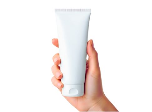 Hand holding a white squeeze tube of cream isolated on transparent background