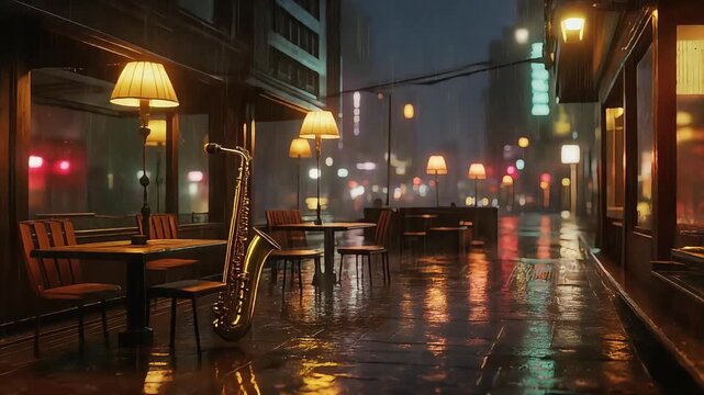 Rainy Night Cityscape - Empty Restaurant Tables Reflecting Lights. Virtual backgrounds loop animation for stream overlay, meditation, smooth jazz or white noise video. Cozy lo-fi background.