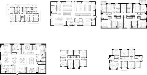 Compilation of six distinct floor plan layouts for residential properties