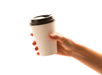 Hand holding a white paper coffee cup with a black lid isolated on transparent background