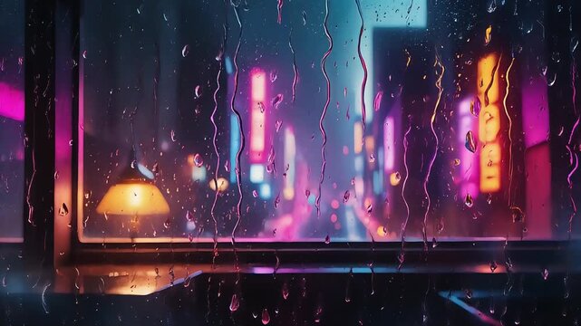 Rainy Night Cityscape Through Window with Neon Lights and Reflections. Virtual backgrounds loop animation for stream overlay, meditation, smooth jazz or white noise video. Cozy lo-fi background.
