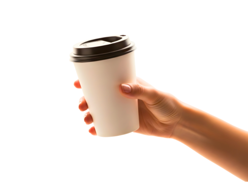 Hand holding a white paper coffee cup with a black lid isolated on transparent background