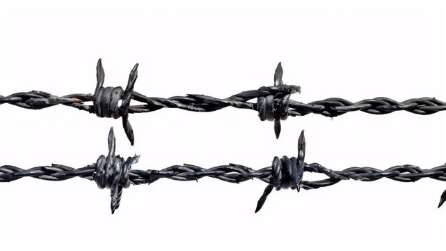 A closeup of a barbed wire fence, with a white background. The wire is black, with visible signs of wear and tear, such as discoloration and rust.