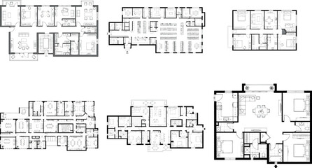 Assortment of six distinct architectural floor plans
