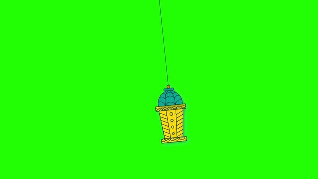 Animated Decorative Golden Lantern Dropping Down on Green Screen. Seamless Loop 2D Cartoon Graphic for Holiday, Festival or Celebration Videos.