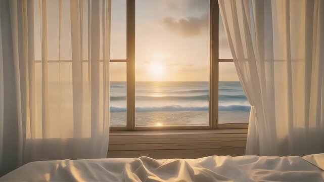 Serene Bedroom Sunrise Over Ocean View with Soft Curtains. Virtual backgrounds loop animation for stream overlay, meditation, smooth jazz or white noise video. Cozy lo-fi background.