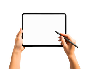Hands holding a blank screen tablet with a stylus isolated on transparent background