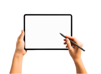 Hands holding a blank screen tablet with a stylus isolated on transparent background