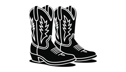 Black and white graphic illustration of a pair of cowboy boots with decorative stitching and laces western boots