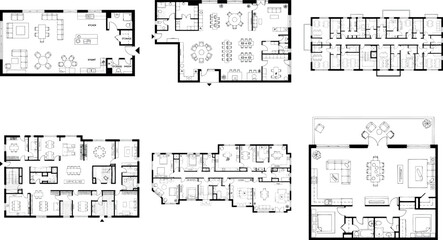 Collection of six different floor plans for residential buildings