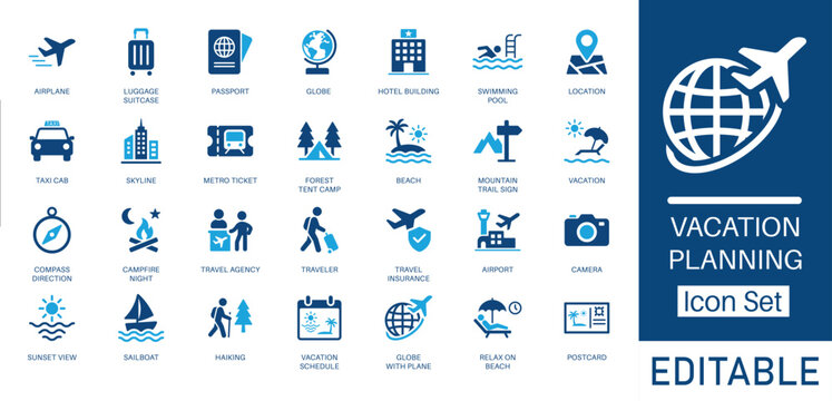 Vacation Planning and Travel solid icon set. Contains symbols for Airplane, Passport, Hotel Building, and Vacation Schedule. Flat vector design for travel booking apps and tourism marketing.
