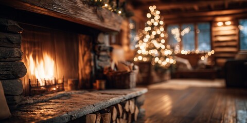 Naklejka premium Cozy wooden cabin living room with roaring stone fireplace and bokeh-lit Christmas tree in warm glow. Rustic holiday hearth comfort, inviting festive winter sanctuary vibe.