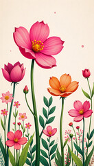 Vibrant Flat Illustration of Pink and Orange Cosmos Flowers on a Light Background