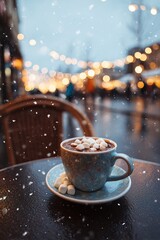 Ceramic mug of hot cocoa topped with melting marshmallows on table with snowy city lights bokeh. Steamy winter comfort, magical holiday cafe.