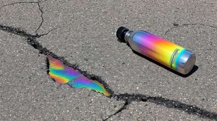 shards. Shattered sunscreen bottle refracting prismatic light with dark vines emerging through cracks. bar promotions, beverage menus, designed for product packaging and bar promotions.