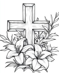 Religious cross with blooming flowers illustration.