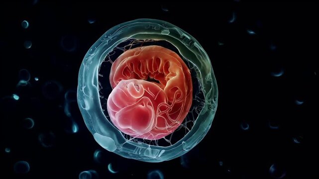 A detailed, microscopic view of a human reproductive system, captured in a circular frame. The central focus is on the intricate details of the internal structure.