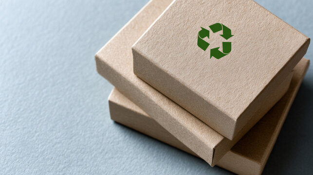 A brown cardboard box with a green recycling symbol on it is stacked over another similar box, suggesting an eco-friendly packaging choice