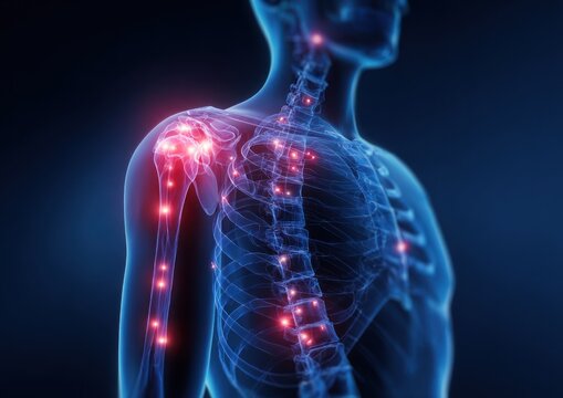 Human anatomy scan shows glowing red points indicating shoulder and spine pain.