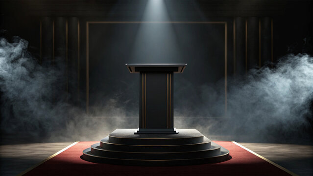 Black podium with spotlight and smoke on red carpet