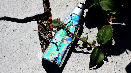 shards. Shattered sunscreen bottle refracting prismatic light with dark vines emerging through cracks. bar promotions, beverage menus, designed for product packaging and bar promotions.