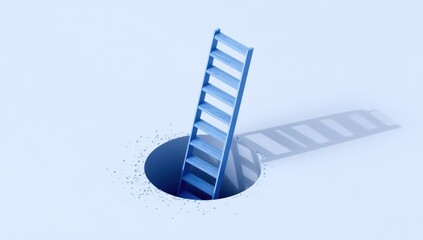 Blue ladder leads out of a dark circular hole in a light surface.
