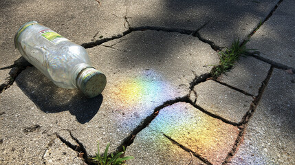 shards. Shattered sunscreen bottle refracting prismatic light with dark vines emerging through cracks. bar promotions, beverage menus, designed for product packaging and bar promotions.