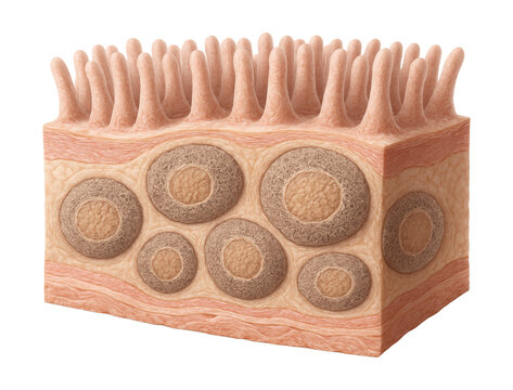 Cross-section of intestinal tissue showing Peyer's patches with lymphoid follicles.