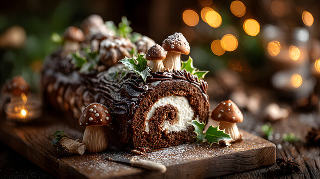 christmas log, traditional christmas cake, buche de noel, chocolate, pastry, decorated with christmas themed elements, family meal and tradition, light and christmas tree in the background