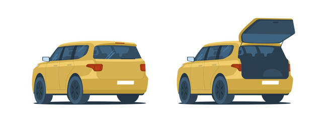 A set of two images of an SUV car with a rear view and an open trunk. Vector illustration.
