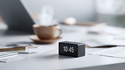 Stylish workspace showing a flip clock at 1045, laptop,  coffee. Ideal for representing productivity, time management, mornings,  remote work concepts.