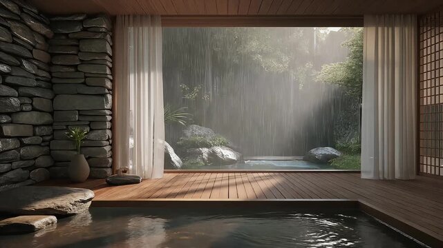 Serene Japanese Onsen with Forest View and Sunlight Streaming Through Window. Virtual backgrounds loop animation for stream overlay, meditation, smooth jazz or white noise video. Cozy lo-fi background