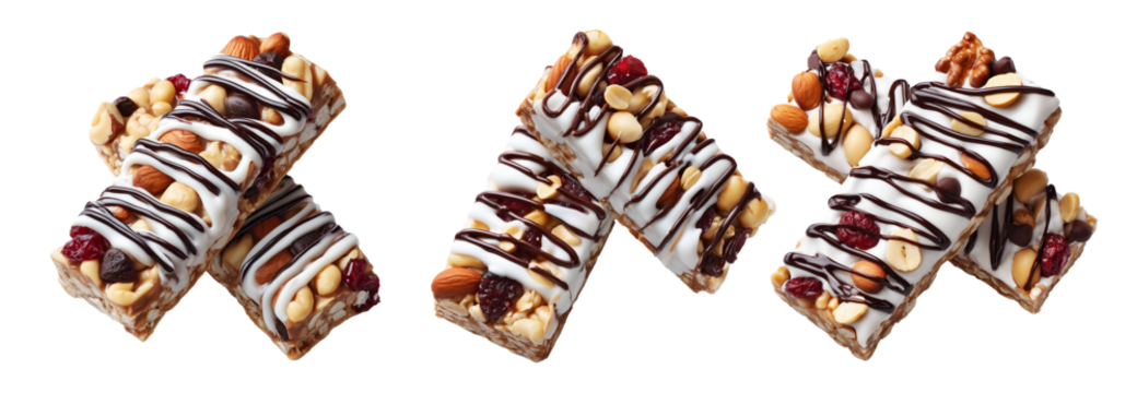 Chocolate coated nut protein energy fitness bar topped with almonds, cashews, walnuts, and chocolate drizzle on white