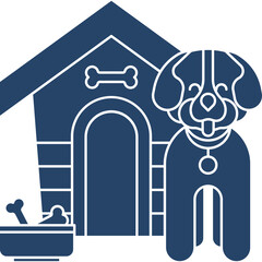 A Stylized Dark Blue Silhouette of a Happy Dog Standing Next to Its House with a Bowl of Bones on a Transparent Background