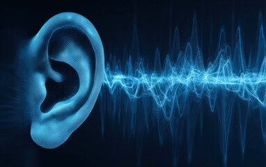 Wireframe ear receiving blue digital sound wave visualization