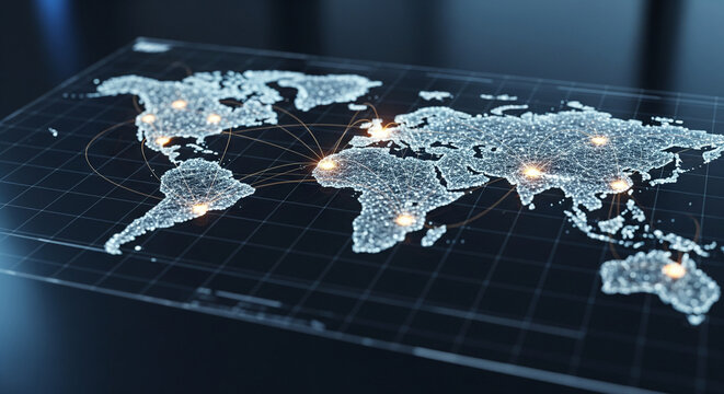 Dynamic global network connections visualized on a luminous digital world map with glowing hubs and interconnected lines, perfect for business expansion strategies.