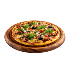 Savory Gourmet Pizza on Wooden Platter for Food Enthusiasts