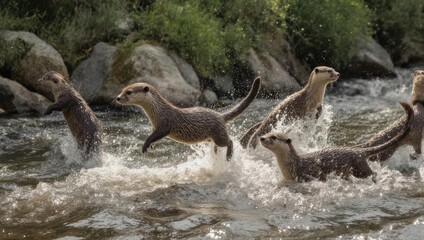 A Group of Otters Playfully Splashing and Running Through a Rushing River.