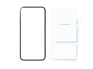 Smartphone screen protector and three blank cards isolated on transparent background