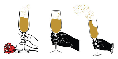 Set Hands Holding Elegant Champagne Toast glasses  Illustrations – Celebration, Luxury, Romance & Party Vector Art Graphics