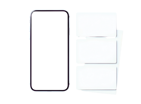 Smartphone screen protector and three blank cards isolated on transparent background