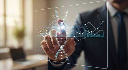 Professional scientist analyzes digital DNA helix and financial data on futuristic interface, driving innovation and discovery forward.